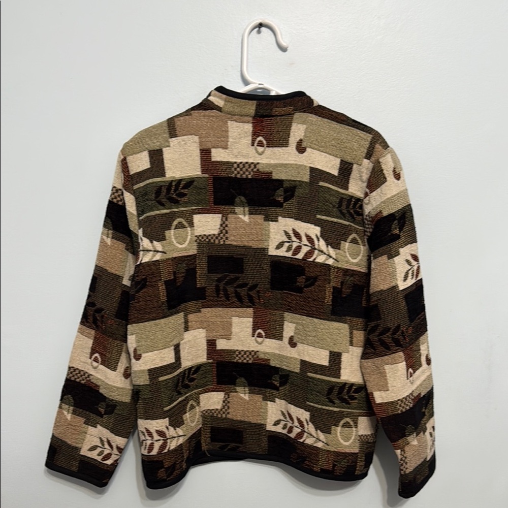 Green and Brown Bomber Jacket with Geometric Pattern size unknown 21.5x25 - Picture 2 of 3